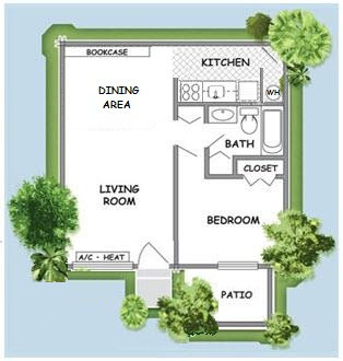 Floor plan for 1 bed, 1 bath, 576 sqft